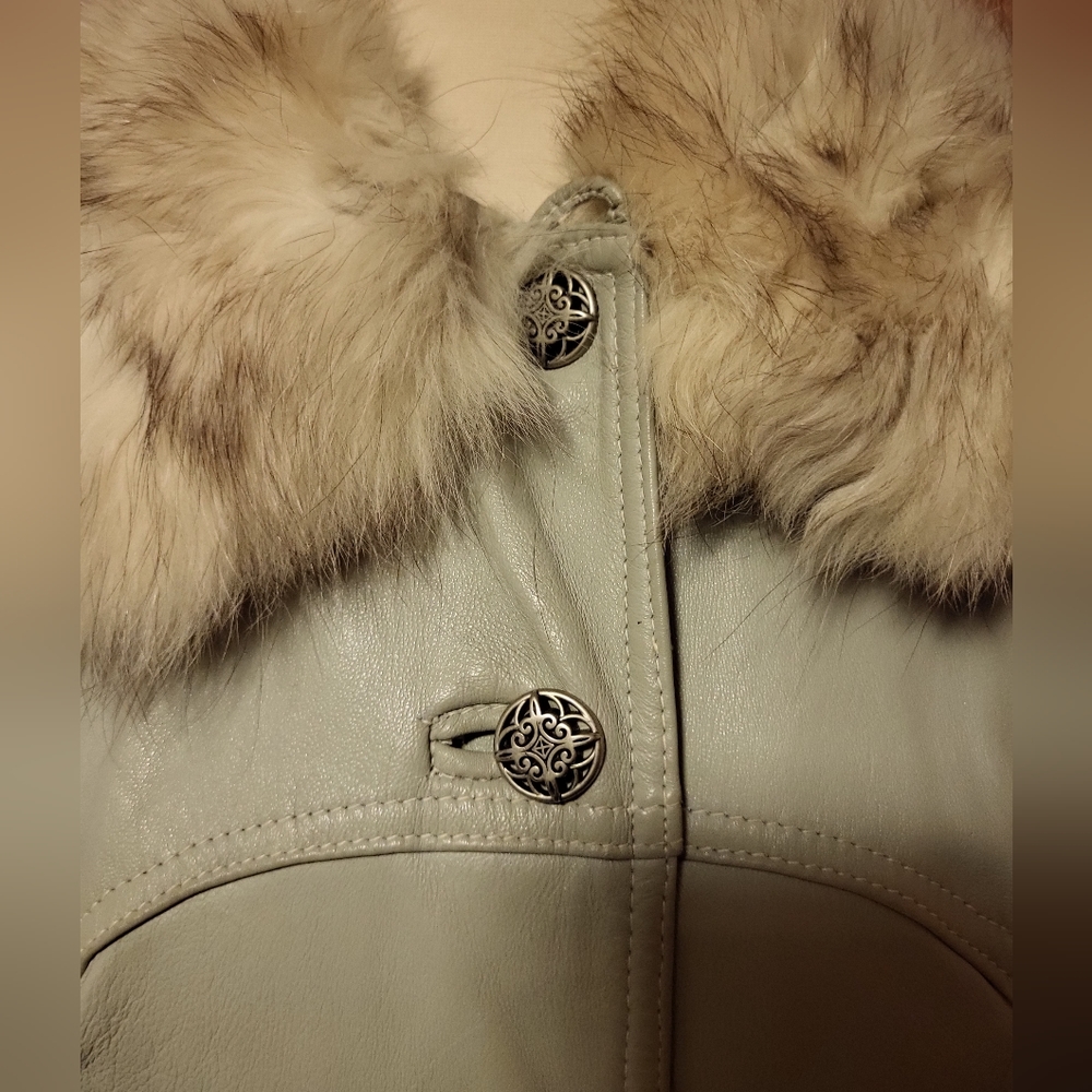 Vintage Leather and Fox fur trim trenchcoat American Fur Company MOB WIFE ERA - Picture 3 of 10